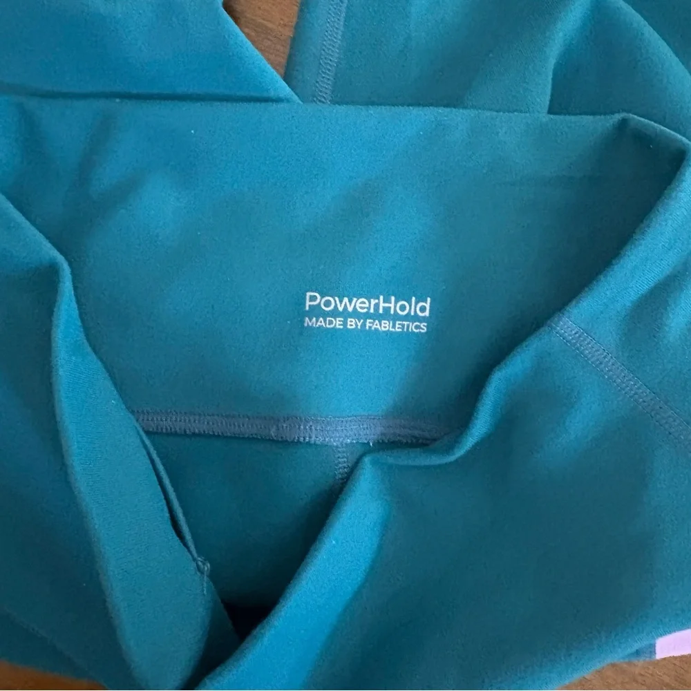 Fabletics Teal blue PowerHold Leggings 24” waist yoga bold gym pockets workout
